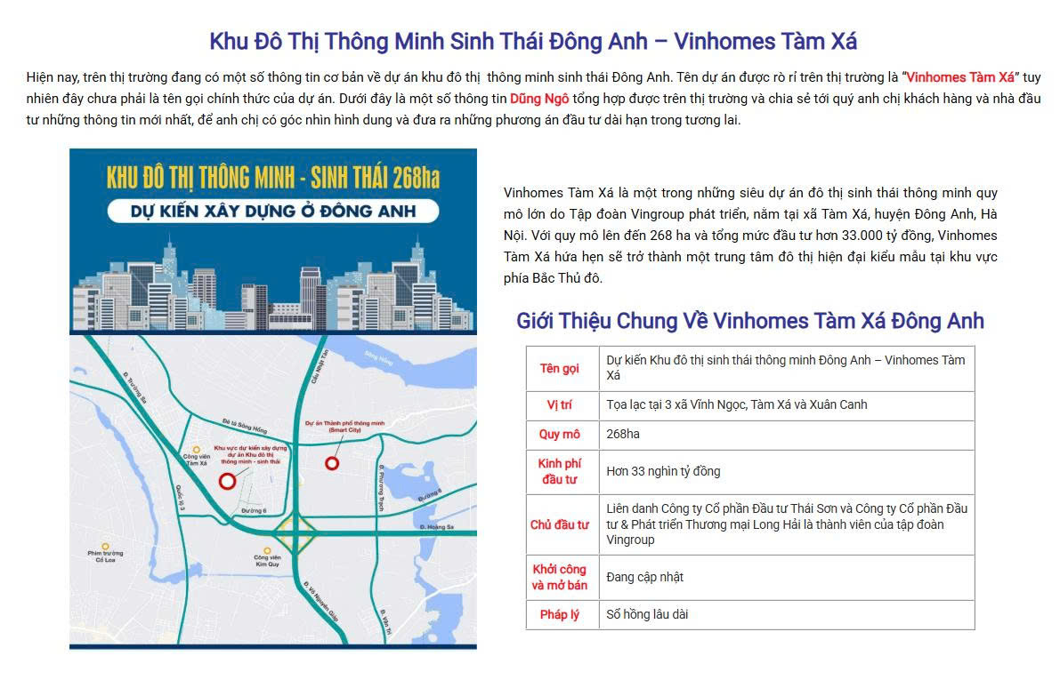 GIỚI THIỆU CHUNG VINHOMES TÀM XÁ