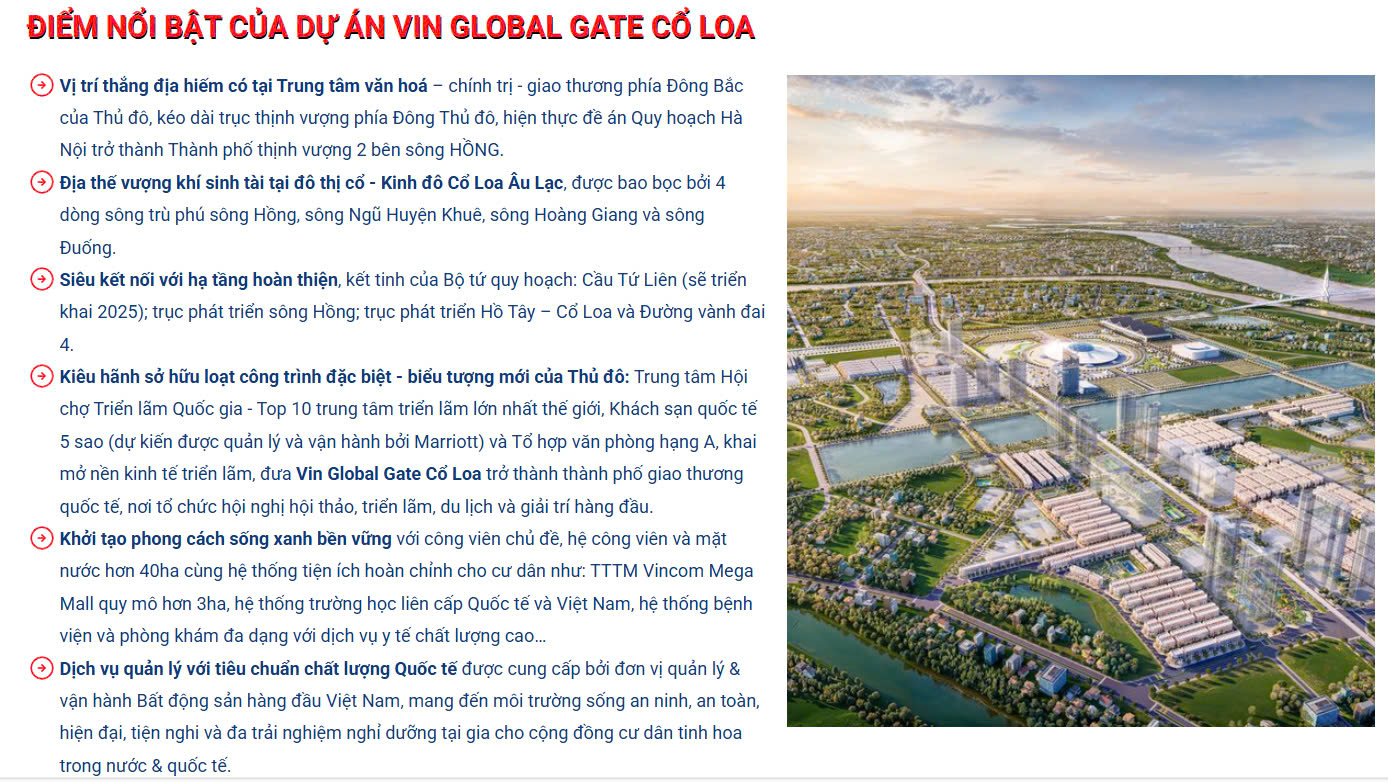 ĐIỂM NỔI BẬT DỰ ÁN VIN CỔ LOA