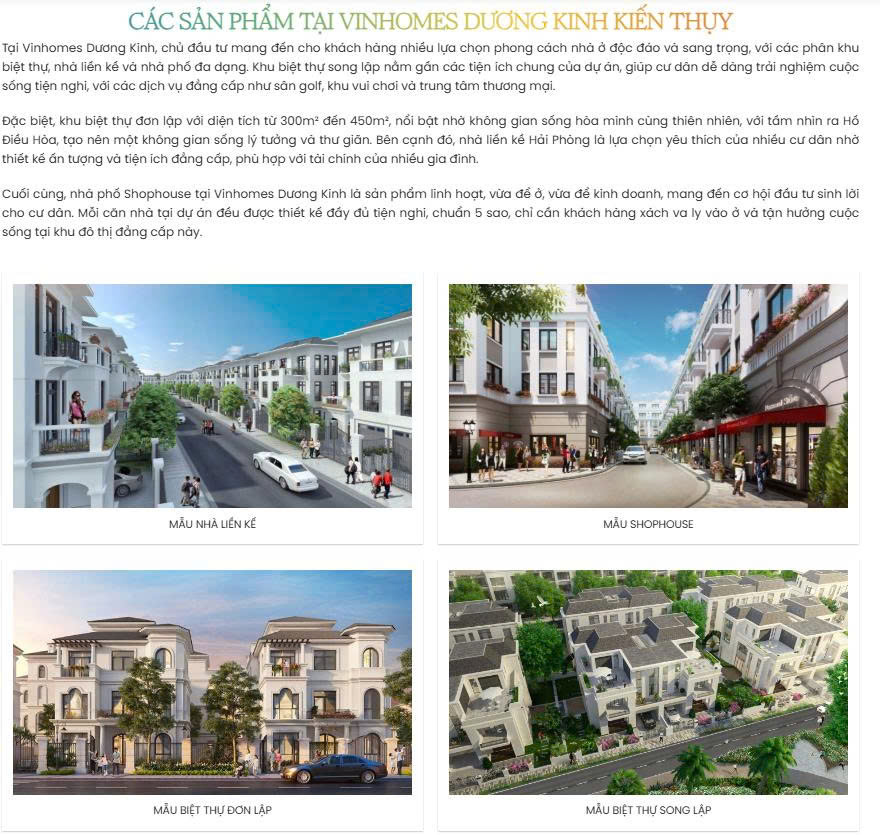 Các loại sản phẩm Vinhomes Dương Kinh