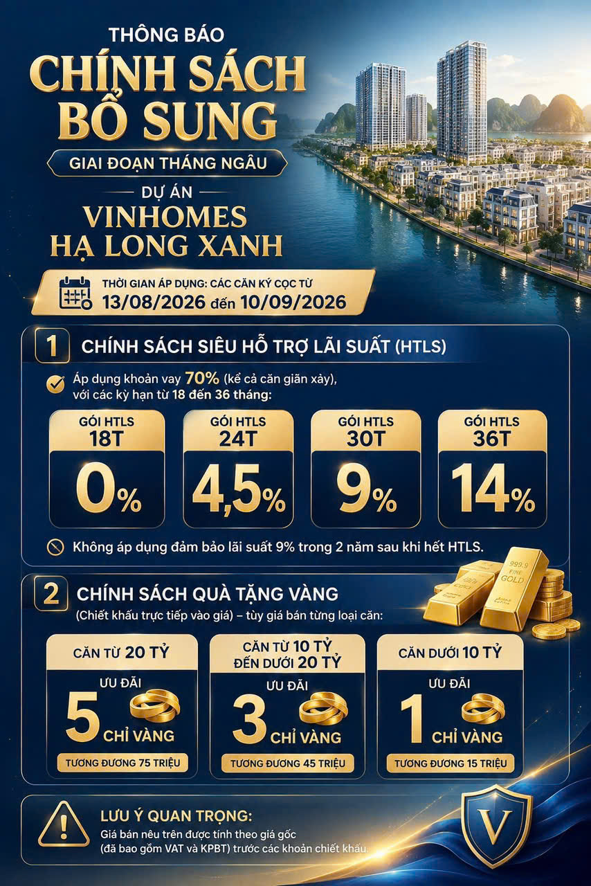 Chính sách bán hàng Vinhomes Hạ Long Xanh tháng 8.2026